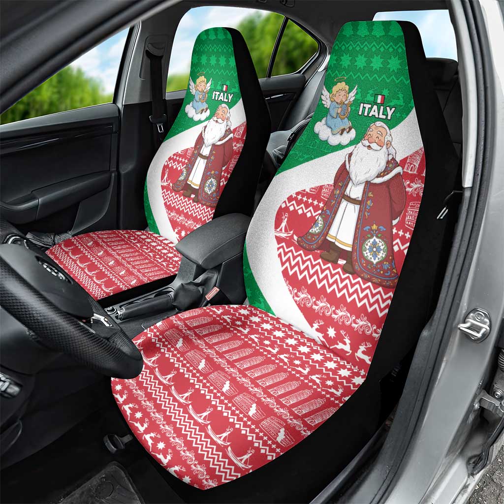 Italy Christmas Car Seat Cover with Pizza Chef Santa Leaning Tower Colosseum and Red Green Holiday Pattern Design - Wonder Print Shop