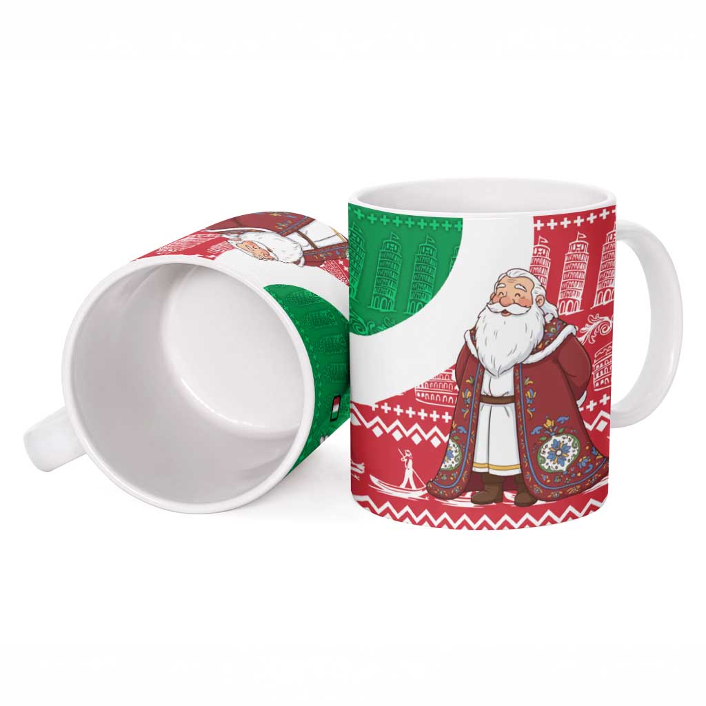 Italy Christmas Ceramic Mug with Pizza Chef Santa Leaning Tower Colosseum and Red Green Holiday Pattern Design - Wonder Print Shop