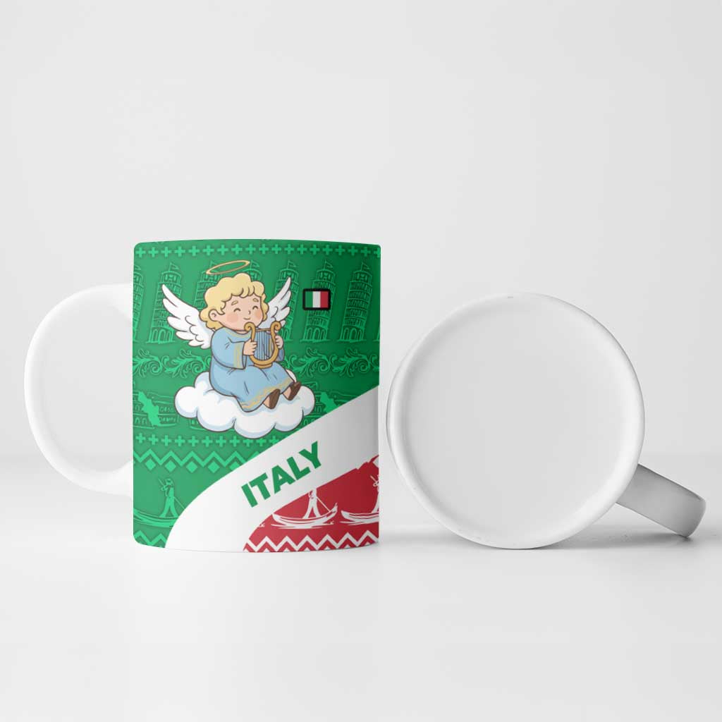 Italy Christmas Ceramic Mug with Pizza Chef Santa Leaning Tower Colosseum and Red Green Holiday Pattern Design - Wonder Print Shop