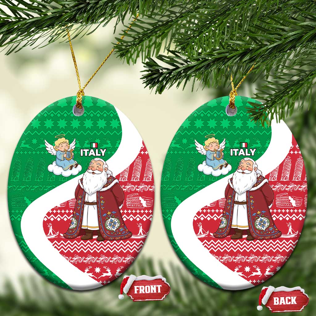 Italy Christmas Ceramic Ornament with Pizza Chef Santa Leaning Tower Colosseum and Red Green Holiday Pattern Design - Wonder Print Shop