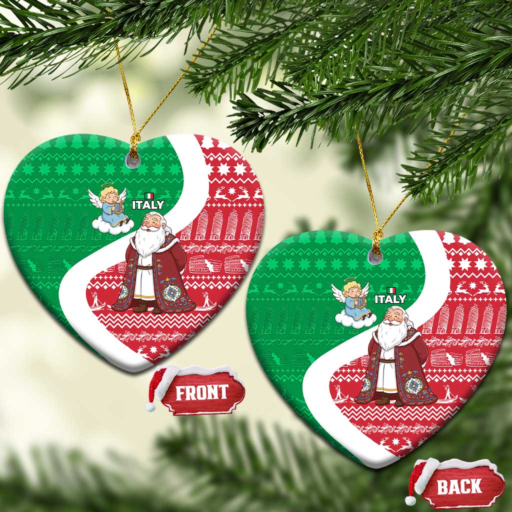 Italy Christmas Ceramic Ornament with Pizza Chef Santa Leaning Tower Colosseum and Red Green Holiday Pattern Design - Wonder Print Shop