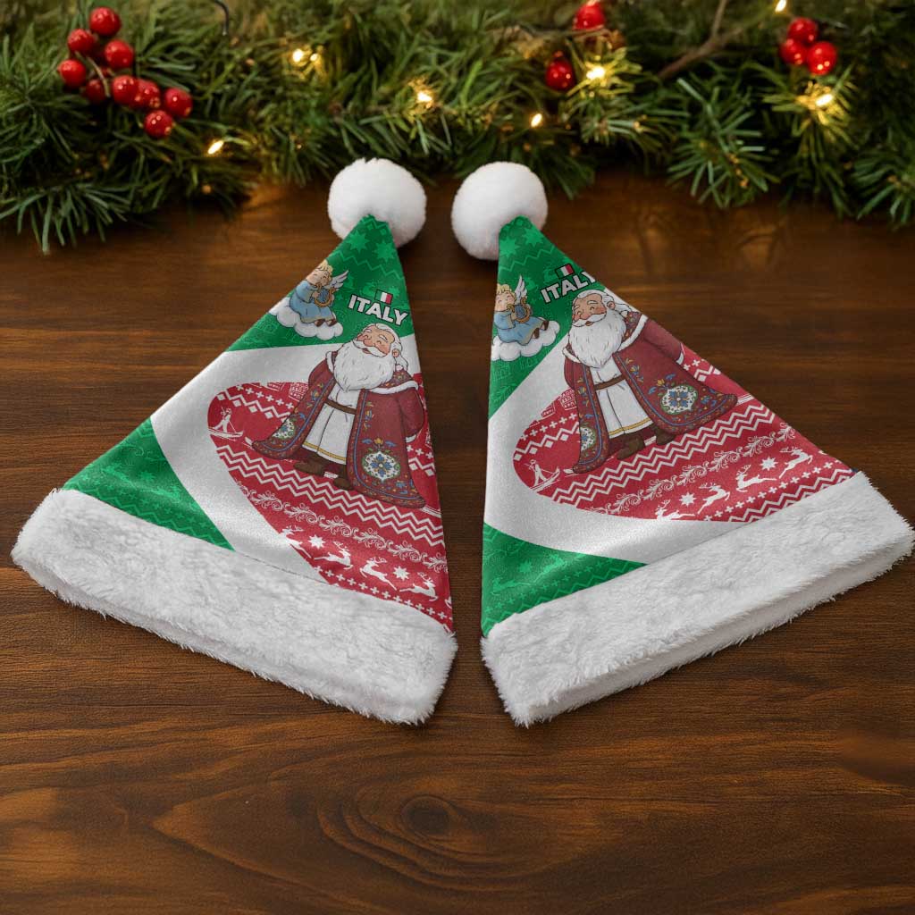 Italy Christmas Santa Hat with Pizza Chef Santa Leaning Tower Colosseum and Red Green Holiday Pattern Design - Wonder Print Shop