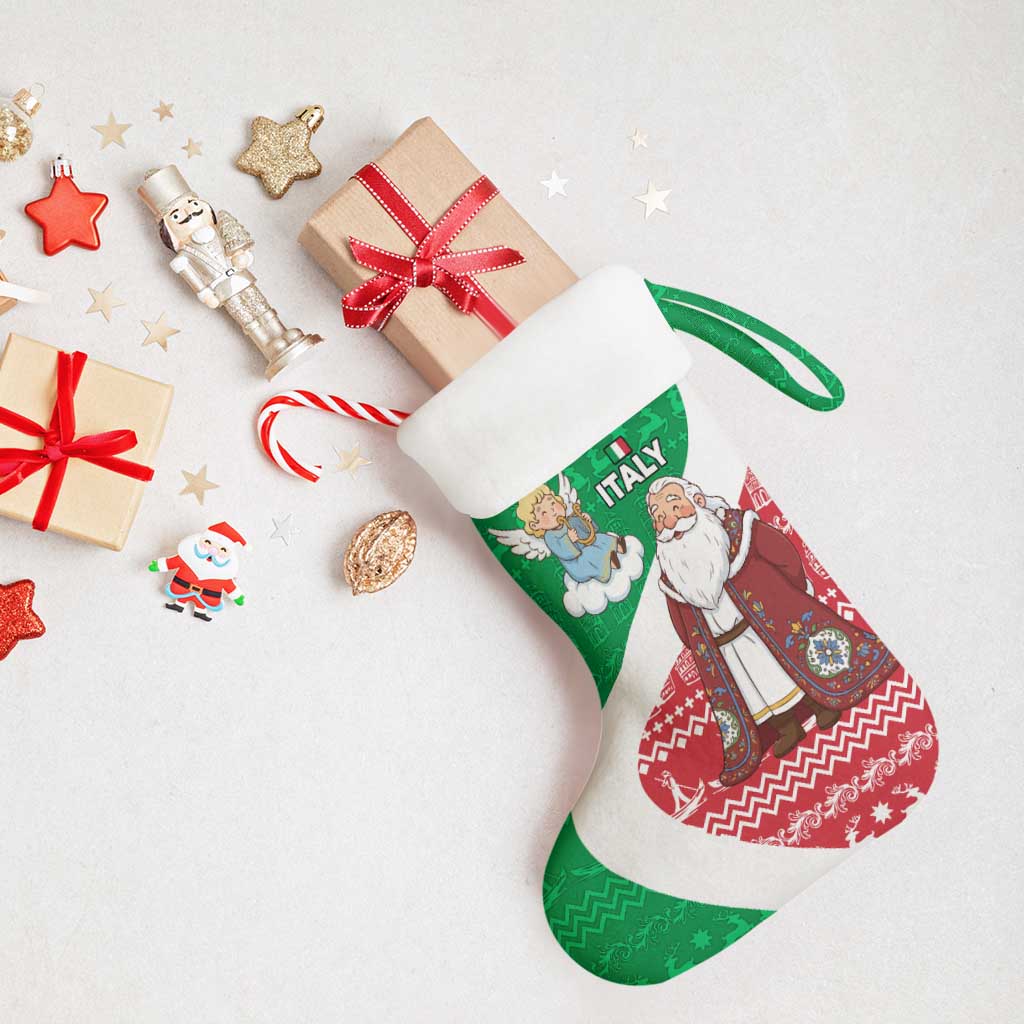 Italy Christmas Stocking with Pizza Chef Santa Leaning Tower Colosseum and Red Green Holiday Pattern Design - Wonder Print Shop