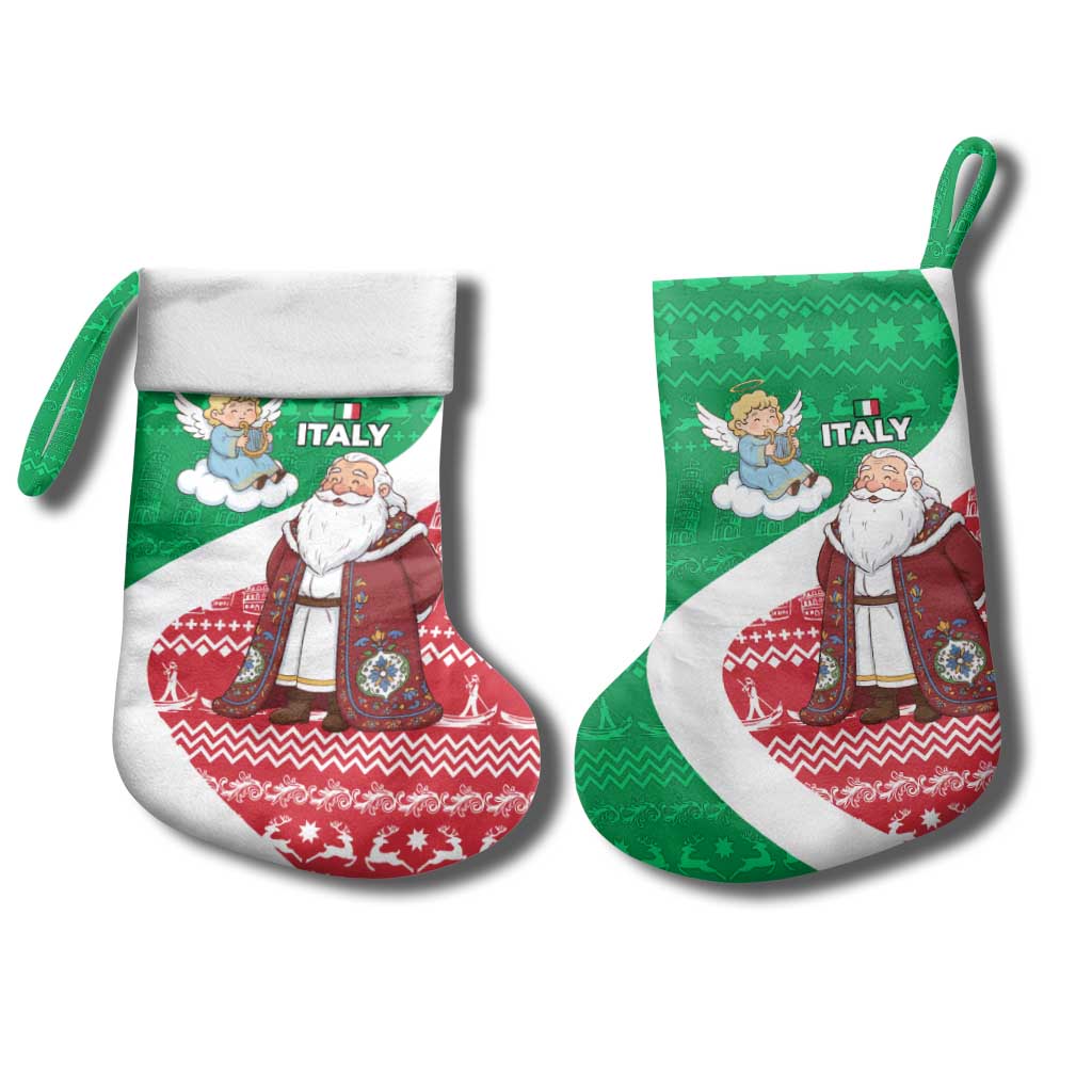 Italy Christmas Stocking with Pizza Chef Santa Leaning Tower Colosseum and Red Green Holiday Pattern Design - Wonder Print Shop