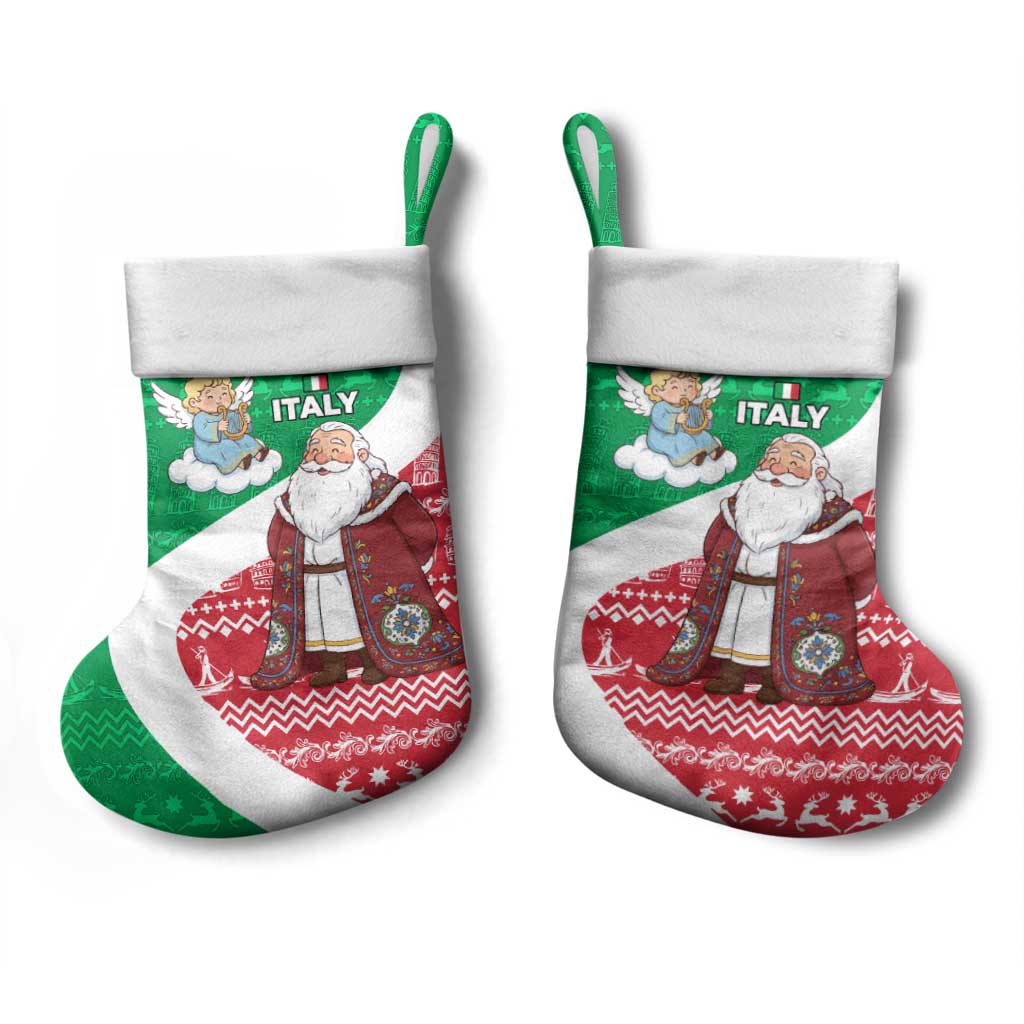 Italy Christmas Stocking with Pizza Chef Santa Leaning Tower Colosseum and Red Green Holiday Pattern Design - Wonder Print Shop