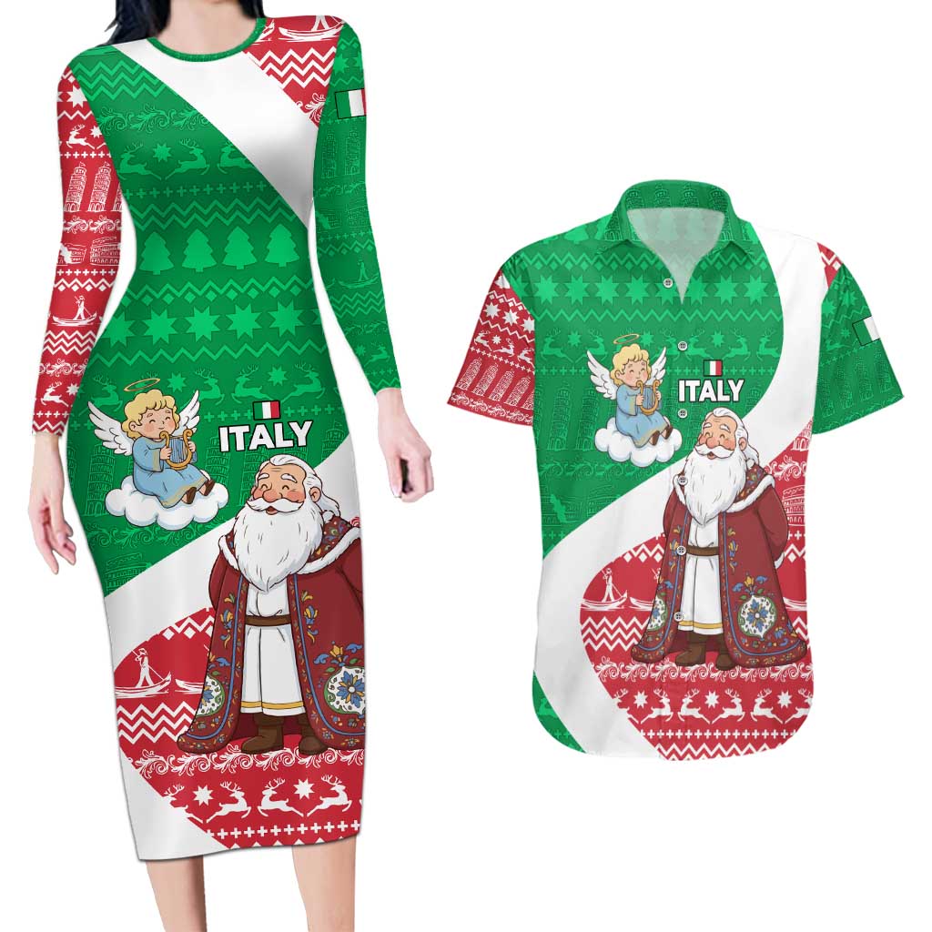 Italy Christmas Couples Matching Long Sleeve Bodycon Dress and Hawaiian Shirt with Pizza Chef Santa Leaning Tower Colosseum and Red Green Holiday Pattern Design - Wonder Print Shop