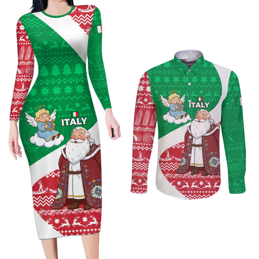 Italy Christmas Couples Matching Long Sleeve Bodycon Dress and Long Sleeve Button Shirt with Pizza Chef Santa Leaning Tower Colosseum and Red Green Holiday Pattern Design - Wonder Print Shop