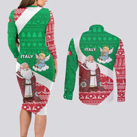 Italy Christmas Couples Matching Long Sleeve Bodycon Dress and Long Sleeve Button Shirt with Pizza Chef Santa Leaning Tower Colosseum and Red Green Holiday Pattern Design - Wonder Print Shop