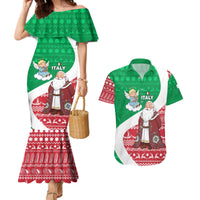 Italy Christmas Couples Matching Mermaid Dress and Hawaiian Shirt with Pizza Chef Santa Leaning Tower Colosseum and Red Green Holiday Pattern Design - Wonder Print Shop