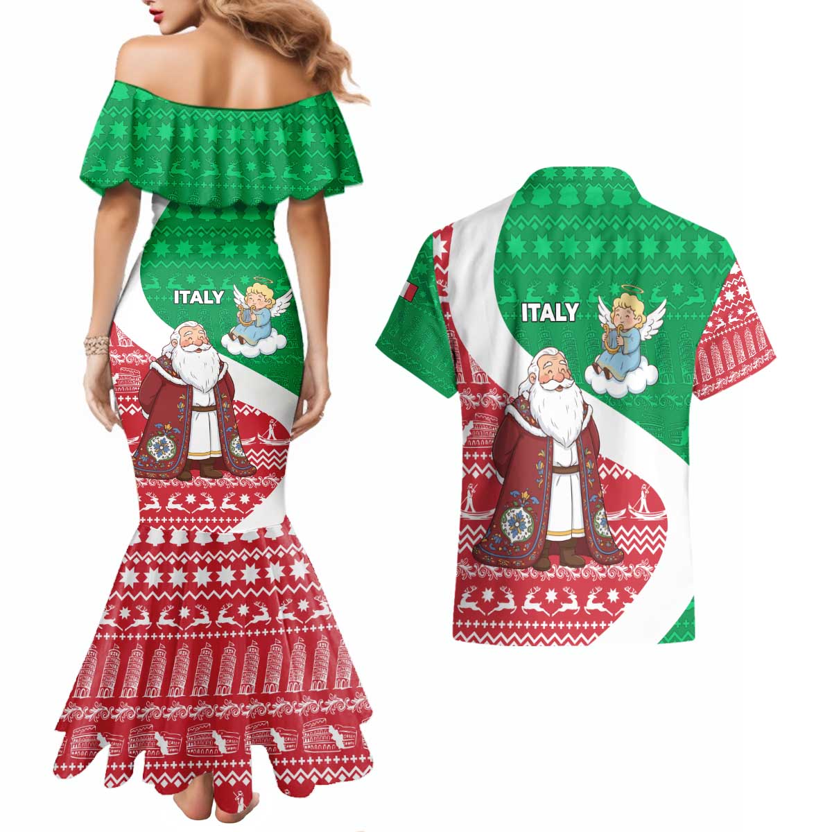 Italy Christmas Couples Matching Mermaid Dress and Hawaiian Shirt with Pizza Chef Santa Leaning Tower Colosseum and Red Green Holiday Pattern Design - Wonder Print Shop