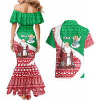 Italy Christmas Couples Matching Mermaid Dress and Hawaiian Shirt with Pizza Chef Santa Leaning Tower Colosseum and Red Green Holiday Pattern Design - Wonder Print Shop