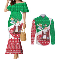 Italy Christmas Couples Matching Mermaid Dress and Long Sleeve Button Shirt with Pizza Chef Santa Leaning Tower Colosseum and Red Green Holiday Pattern Design - Wonder Print Shop