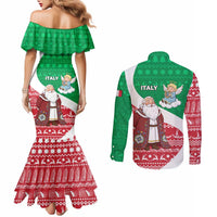 Italy Christmas Couples Matching Mermaid Dress and Long Sleeve Button Shirt with Pizza Chef Santa Leaning Tower Colosseum and Red Green Holiday Pattern Design - Wonder Print Shop
