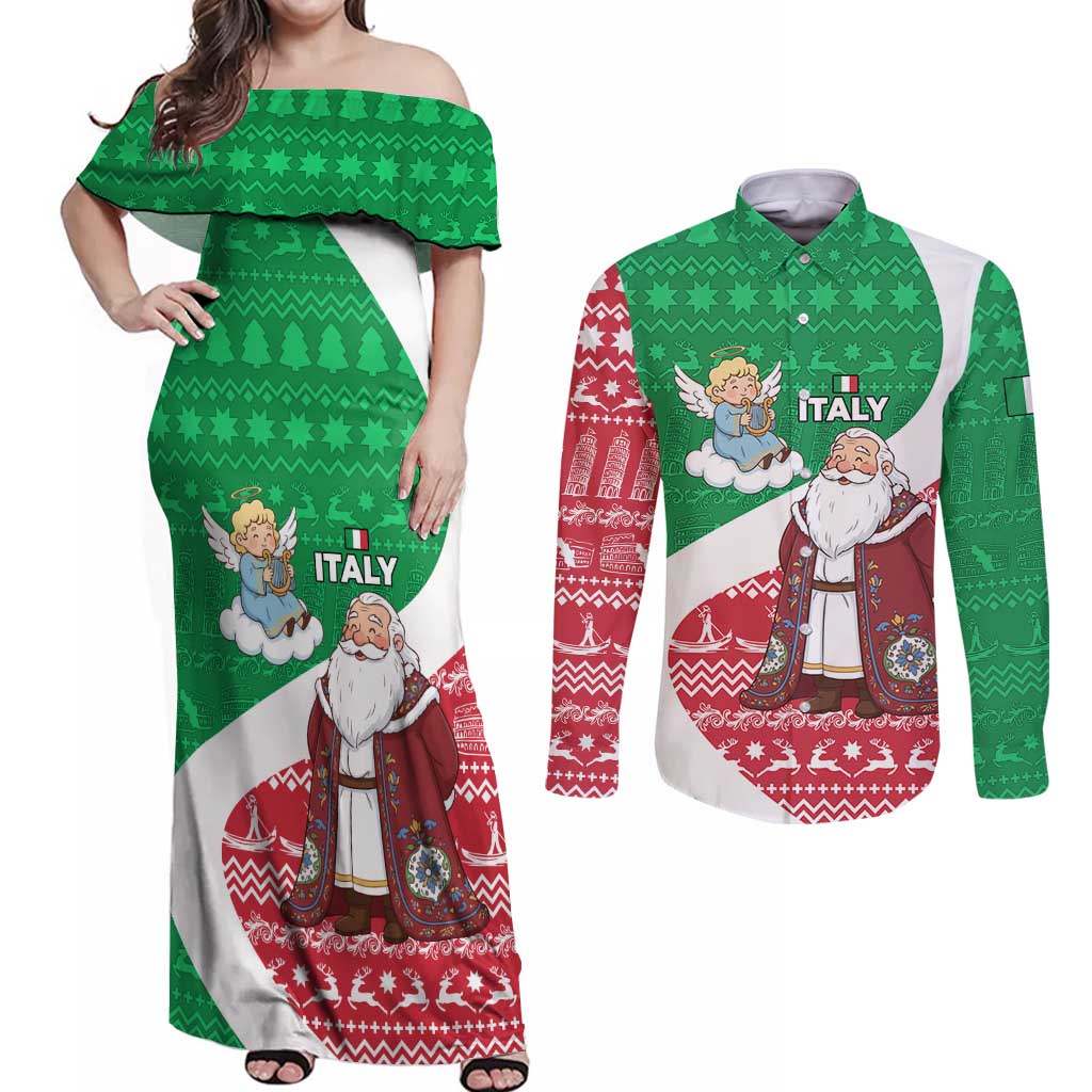 Italy Christmas Couples Matching Off Shoulder Maxi Dress and Long Sleeve Button Shirt with Pizza Chef Santa Leaning Tower Colosseum and Red Green Holiday Pattern Design - Wonder Print Shop