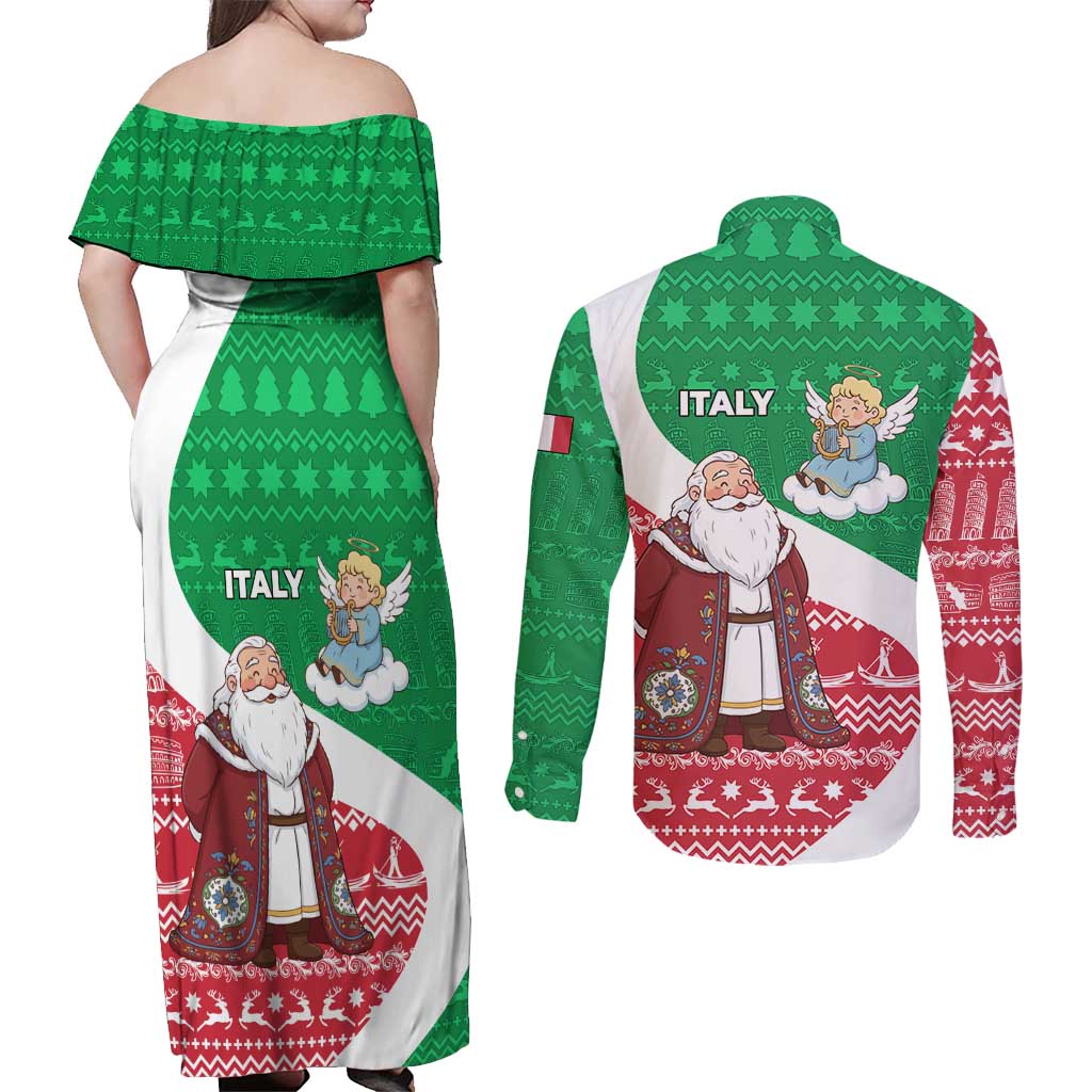 Italy Christmas Couples Matching Off Shoulder Maxi Dress and Long Sleeve Button Shirt with Pizza Chef Santa Leaning Tower Colosseum and Red Green Holiday Pattern Design - Wonder Print Shop