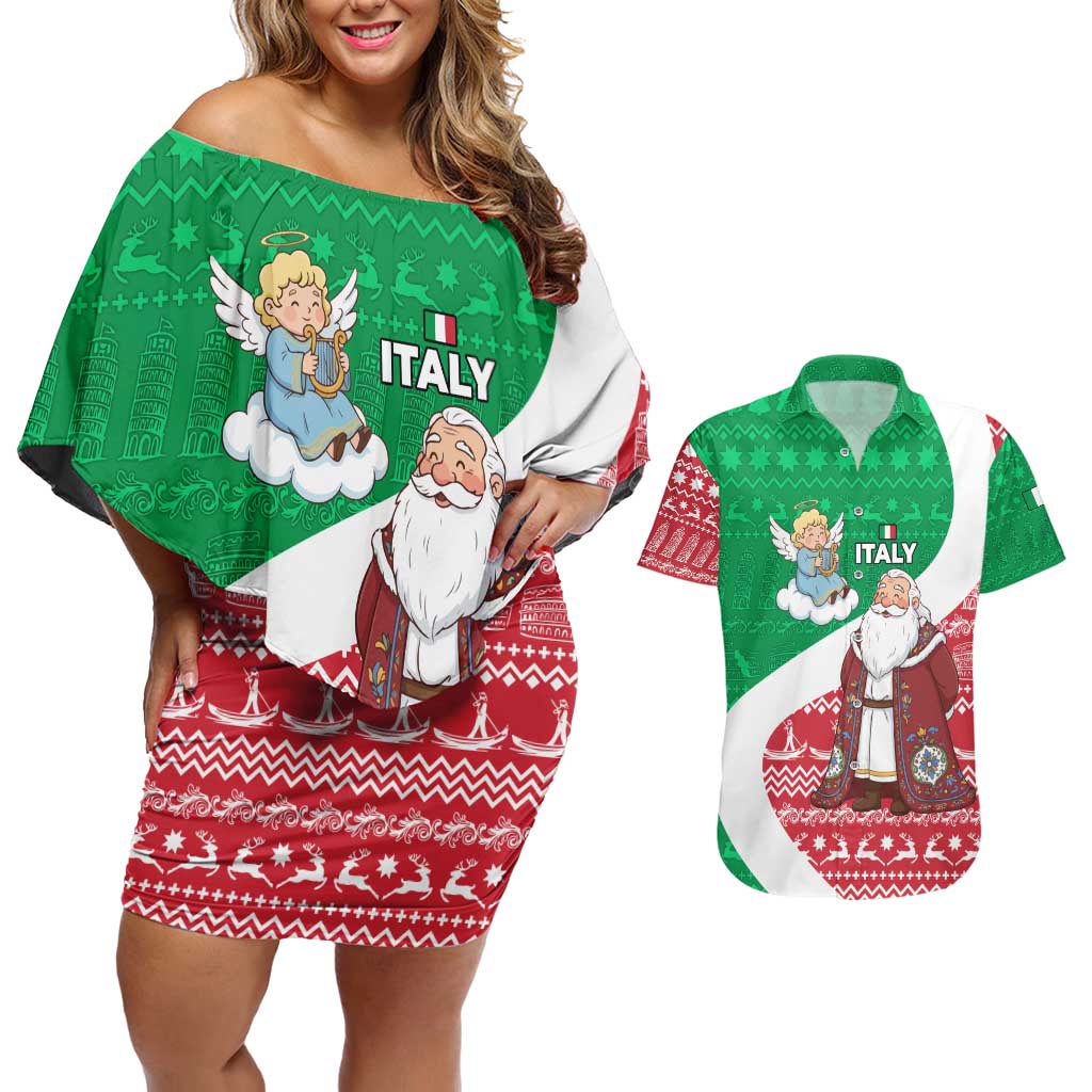 Italy Christmas Couples Matching Off Shoulder Short Dress and Hawaiian Shirt with Pizza Chef Santa Leaning Tower Colosseum and Red Green Holiday Pattern Design - Wonder Print Shop