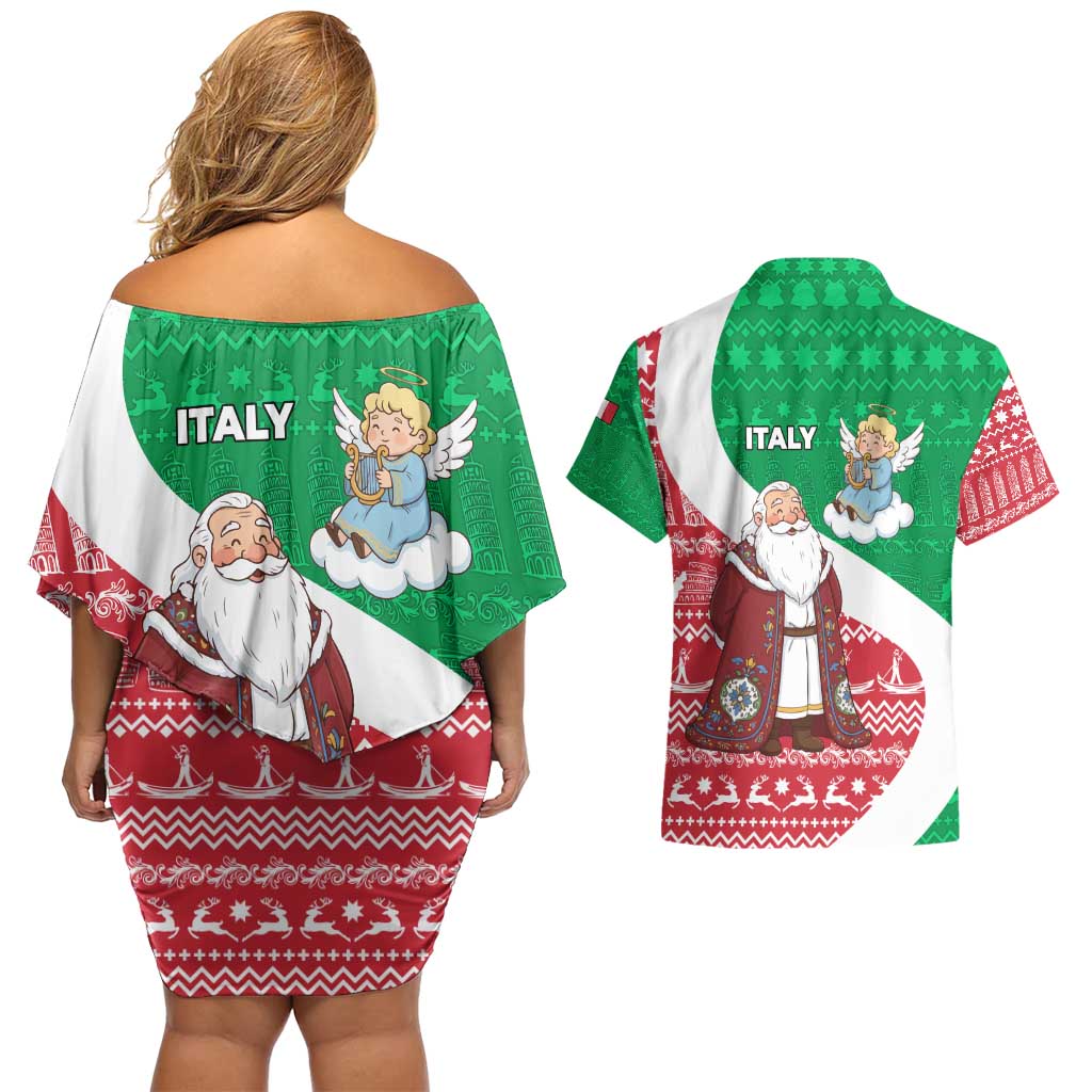 Italy Christmas Couples Matching Off Shoulder Short Dress and Hawaiian Shirt with Pizza Chef Santa Leaning Tower Colosseum and Red Green Holiday Pattern Design - Wonder Print Shop
