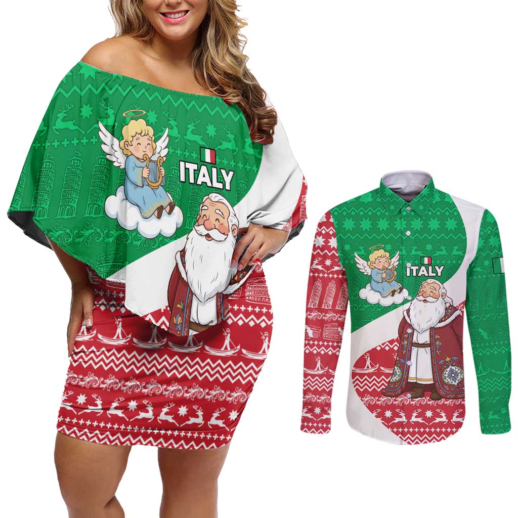 Italy Christmas Couples Matching Off Shoulder Short Dress and Long Sleeve Button Shirt with Pizza Chef Santa Leaning Tower Colosseum and Red Green Holiday Pattern Design - Wonder Print Shop