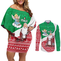 Italy Christmas Couples Matching Off Shoulder Short Dress and Long Sleeve Button Shirt with Pizza Chef Santa Leaning Tower Colosseum and Red Green Holiday Pattern Design - Wonder Print Shop