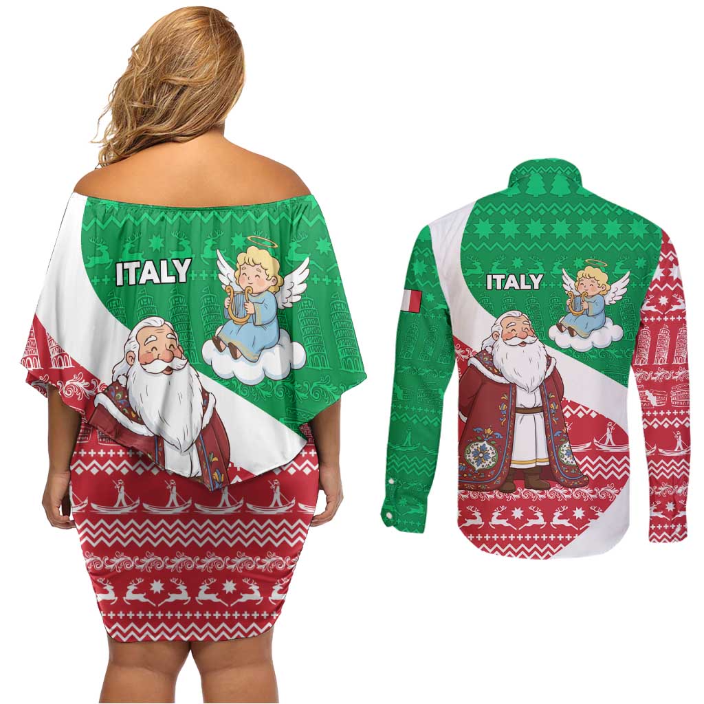 Italy Christmas Couples Matching Off Shoulder Short Dress and Long Sleeve Button Shirt with Pizza Chef Santa Leaning Tower Colosseum and Red Green Holiday Pattern Design - Wonder Print Shop