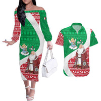 Italy Christmas Couples Matching Off The Shoulder Long Sleeve Dress and Hawaiian Shirt with Pizza Chef Santa Leaning Tower Colosseum and Red Green Holiday Pattern Design - Wonder Print Shop