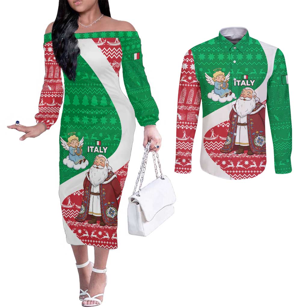 Italy Christmas Couples Matching Off The Shoulder Long Sleeve Dress and Long Sleeve Button Shirt with Pizza Chef Santa Leaning Tower Colosseum and Red Green Holiday Pattern Design - Wonder Print Shop