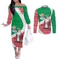 Italy Christmas Couples Matching Off The Shoulder Long Sleeve Dress and Long Sleeve Button Shirt with Pizza Chef Santa Leaning Tower Colosseum and Red Green Holiday Pattern Design - Wonder Print Shop