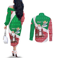 Italy Christmas Couples Matching Off The Shoulder Long Sleeve Dress and Long Sleeve Button Shirt with Pizza Chef Santa Leaning Tower Colosseum and Red Green Holiday Pattern Design - Wonder Print Shop