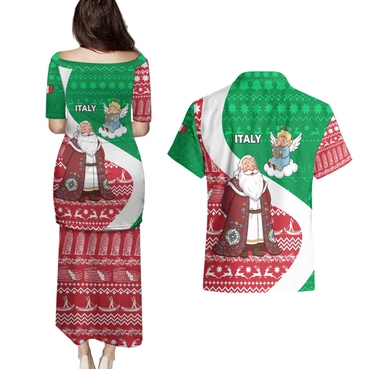 Italy Christmas Couples Matching Puletasi and Hawaiian Shirt with Pizza Chef Santa Leaning Tower Colosseum and Red Green Holiday Pattern Design - Wonder Print Shop