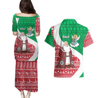 Italy Christmas Couples Matching Puletasi and Hawaiian Shirt with Pizza Chef Santa Leaning Tower Colosseum and Red Green Holiday Pattern Design - Wonder Print Shop