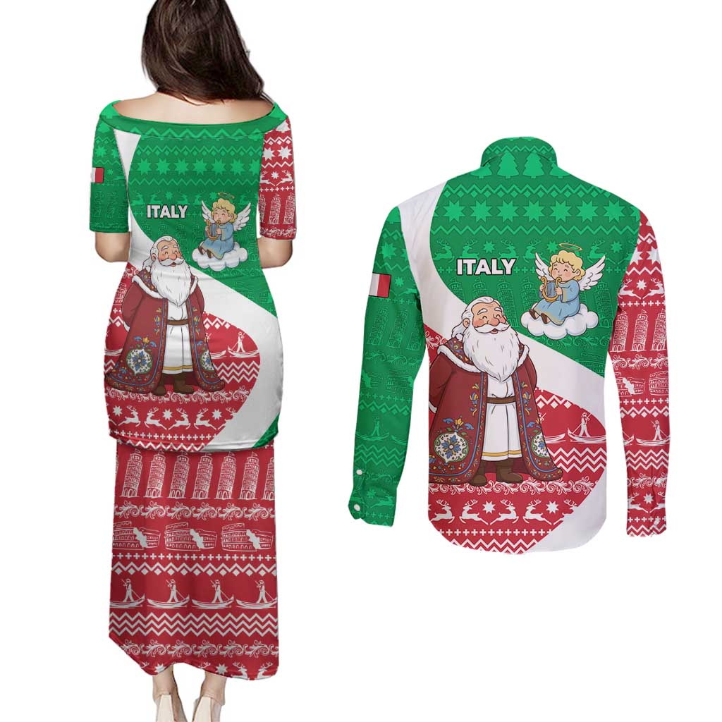 Italy Christmas Couples Matching Puletasi and Long Sleeve Button Shirt with Pizza Chef Santa Leaning Tower Colosseum and Red Green Holiday Pattern Design - Wonder Print Shop