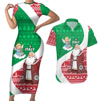 Italy Christmas Couples Matching Short Sleeve Bodycon Dress and Hawaiian Shirt with Pizza Chef Santa Leaning Tower Colosseum and Red Green Holiday Pattern Design - Wonder Print Shop