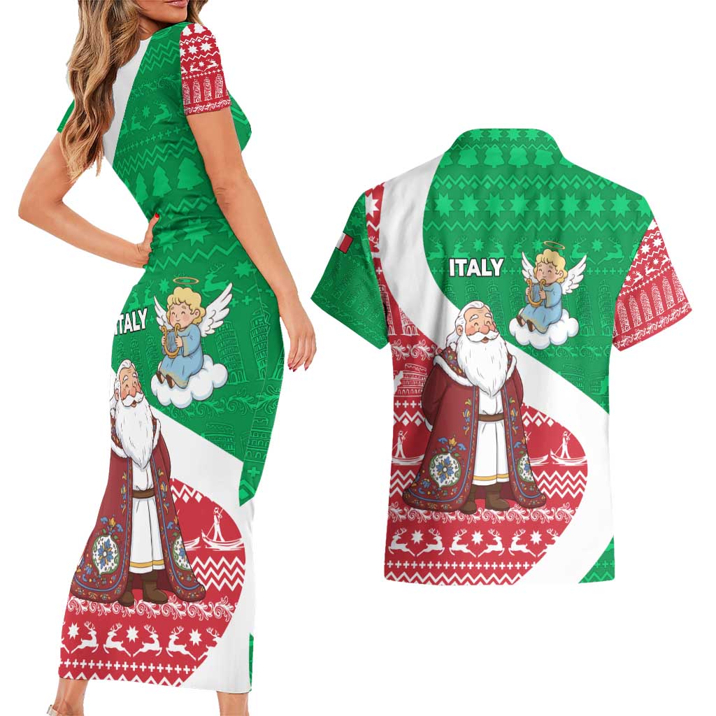 Italy Christmas Couples Matching Short Sleeve Bodycon Dress and Hawaiian Shirt with Pizza Chef Santa Leaning Tower Colosseum and Red Green Holiday Pattern Design - Wonder Print Shop