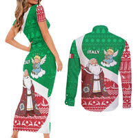 Italy Christmas Couples Matching Short Sleeve Bodycon Dress and Long Sleeve Button Shirt with Pizza Chef Santa Leaning Tower Colosseum and Red Green Holiday Pattern Design - Wonder Print Shop