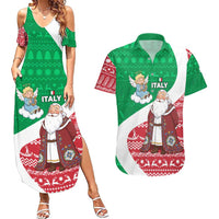 Italy Christmas Couples Matching Summer Maxi Dress and Hawaiian Shirt with Pizza Chef Santa Leaning Tower Colosseum and Red Green Holiday Pattern Design - Wonder Print Shop