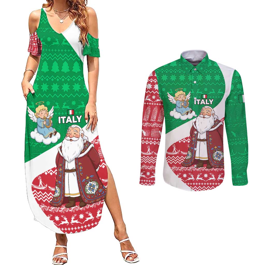 Italy Christmas Couples Matching Summer Maxi Dress and Long Sleeve Button Shirt with Pizza Chef Santa Leaning Tower Colosseum and Red Green Holiday Pattern Design - Wonder Print Shop