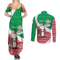 Italy Christmas Couples Matching Summer Maxi Dress and Long Sleeve Button Shirt with Pizza Chef Santa Leaning Tower Colosseum and Red Green Holiday Pattern Design - Wonder Print Shop