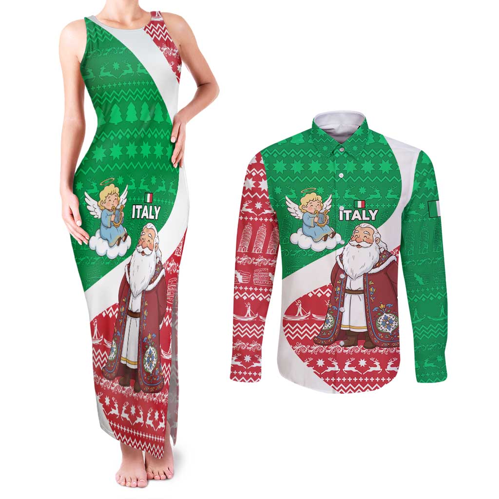Italy Christmas Couples Matching Tank Maxi Dress and Long Sleeve Button Shirt with Pizza Chef Santa Leaning Tower Colosseum and Red Green Holiday Pattern Design - Wonder Print Shop