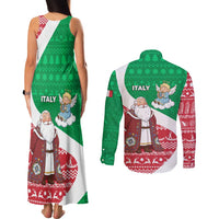 Italy Christmas Couples Matching Tank Maxi Dress and Long Sleeve Button Shirt with Pizza Chef Santa Leaning Tower Colosseum and Red Green Holiday Pattern Design - Wonder Print Shop