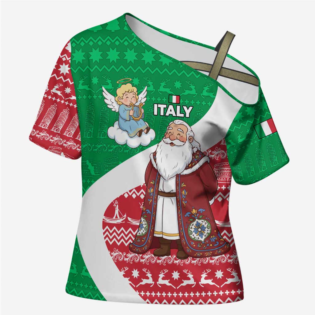Italy Christmas Cross Shoulder Shirt with Pizza Chef Santa Leaning Tower Colosseum and Red Green Holiday Pattern Design - Wonder Print Shop