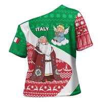 Italy Christmas Cross Shoulder Shirt with Pizza Chef Santa Leaning Tower Colosseum and Red Green Holiday Pattern Design - Wonder Print Shop