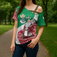 Italy Christmas Cross Shoulder Shirt with Pizza Chef Santa Leaning Tower Colosseum and Red Green Holiday Pattern Design - Wonder Print Shop