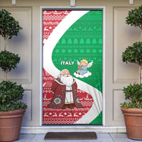 Italy Christmas Door Cover with Pizza Chef Santa Leaning Tower Colosseum and Red Green Holiday Pattern Design - Wonder Print Shop
