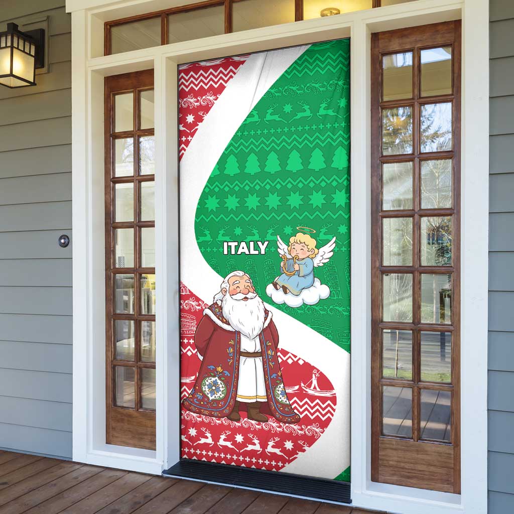 Italy Christmas Door Cover with Pizza Chef Santa Leaning Tower Colosseum and Red Green Holiday Pattern Design - Wonder Print Shop
