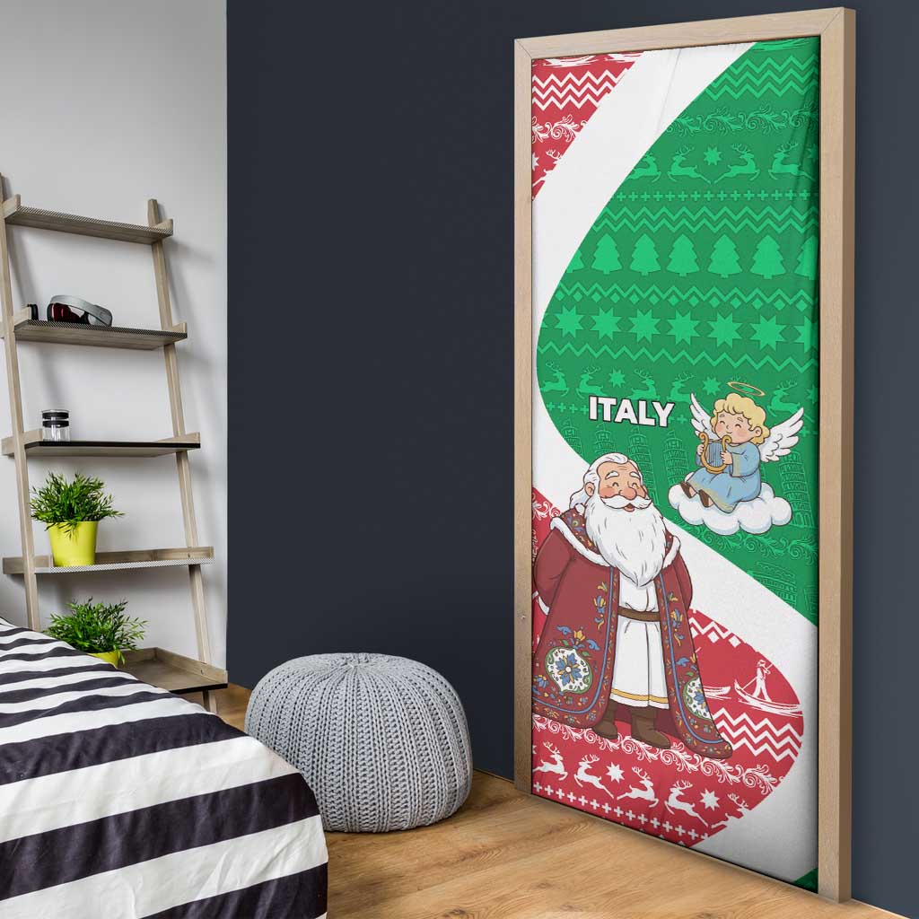 Italy Christmas Door Cover with Pizza Chef Santa Leaning Tower Colosseum and Red Green Holiday Pattern Design - Wonder Print Shop