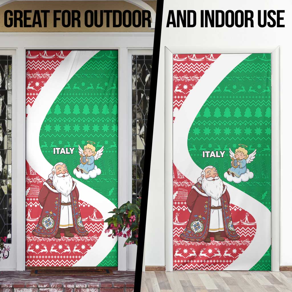 Italy Christmas Door Cover with Pizza Chef Santa Leaning Tower Colosseum and Red Green Holiday Pattern Design - Wonder Print Shop