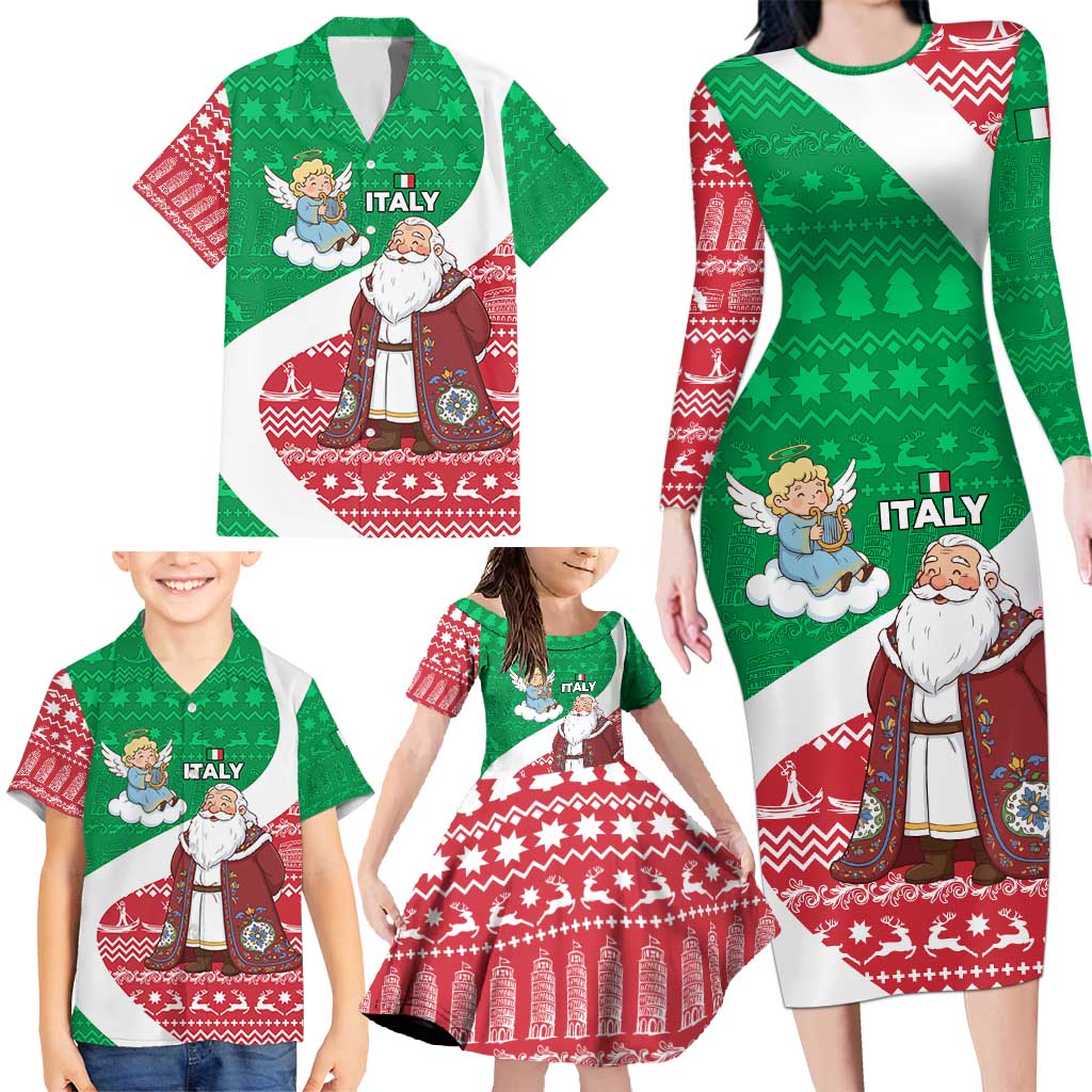 Italy Christmas Family Matching Long Sleeve Bodycon Dress and Hawaiian Shirt with Pizza Chef Santa Leaning Tower Colosseum and Red Green Holiday Pattern Design - Wonder Print Shop