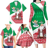 Italy Christmas Family Matching Long Sleeve Bodycon Dress and Hawaiian Shirt with Pizza Chef Santa Leaning Tower Colosseum and Red Green Holiday Pattern Design - Wonder Print Shop