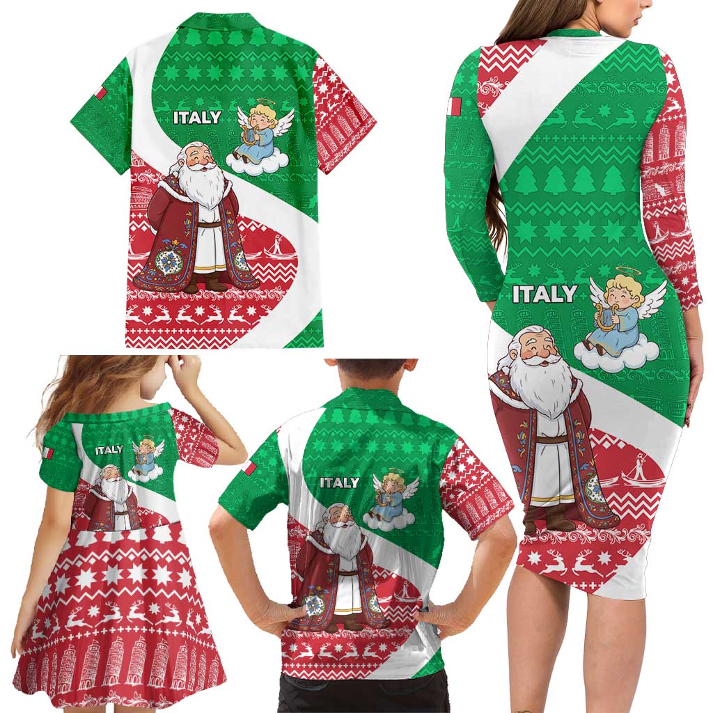 Italy Christmas Family Matching Long Sleeve Bodycon Dress and Hawaiian Shirt with Pizza Chef Santa Leaning Tower Colosseum and Red Green Holiday Pattern Design - Wonder Print Shop