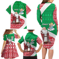 Italy Christmas Family Matching Long Sleeve Bodycon Dress and Hawaiian Shirt with Pizza Chef Santa Leaning Tower Colosseum and Red Green Holiday Pattern Design - Wonder Print Shop